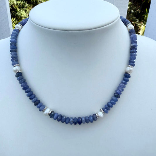 Tanzanite and baroque pearl necklace with sterling silver accents, handmade.
