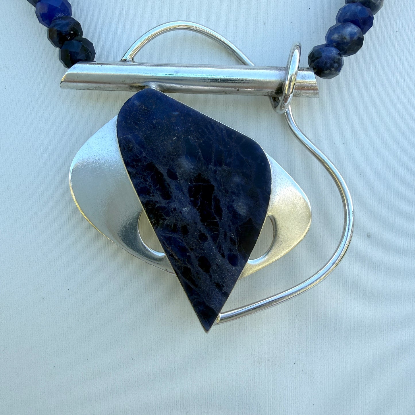 Contemporary. Sodalite. Cabochon. Sterling Silver Pendant. Faceted Blue Sodalite Beads. Long Necklace. Can be Doubled. Modern.OOAK