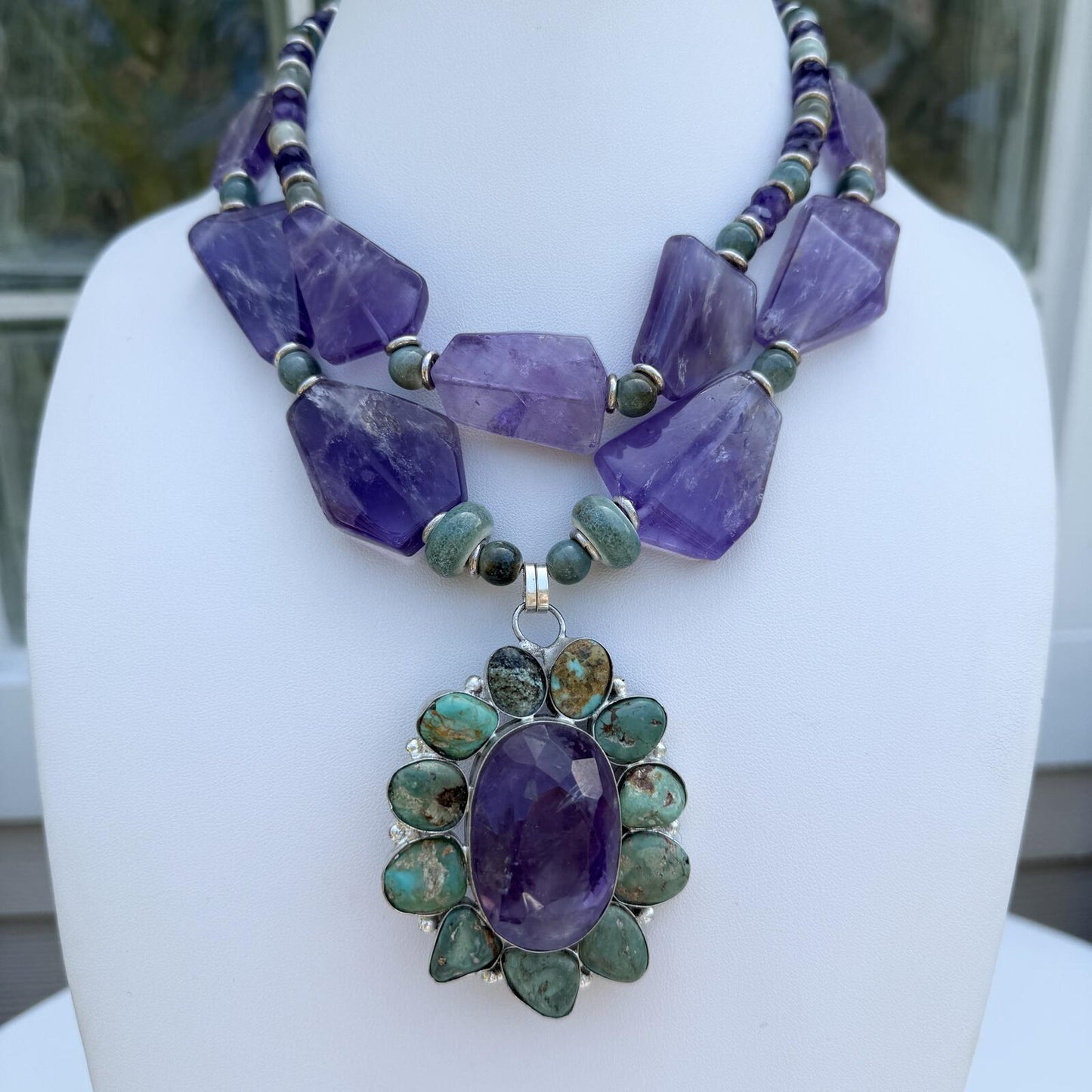 Amethyst, Turquoise and Ceramic  Handmade Statement Necklace.
