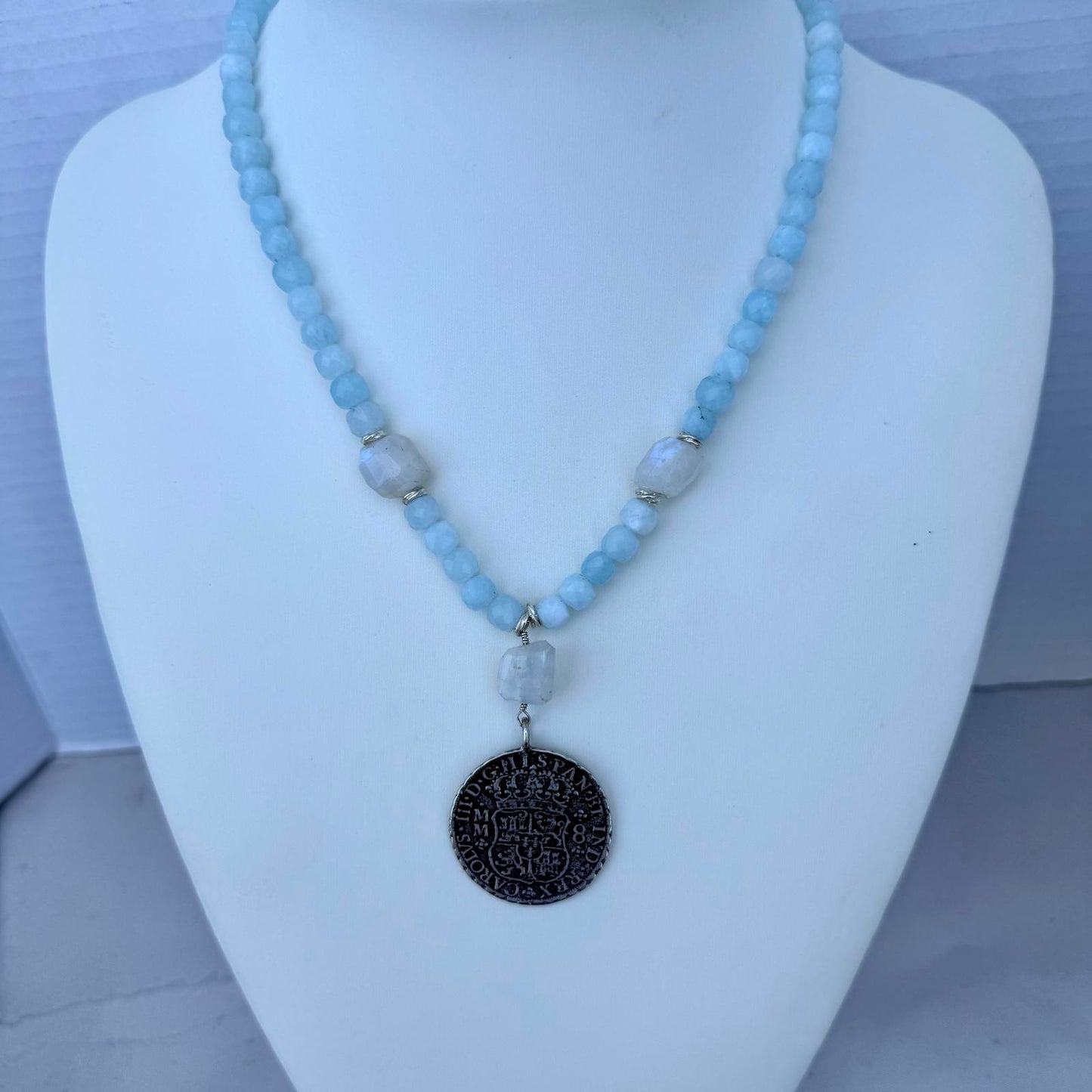 Vintage Spanish Coin Necklace – Blue Jade. Moonstones. Silver Medallion Pendant