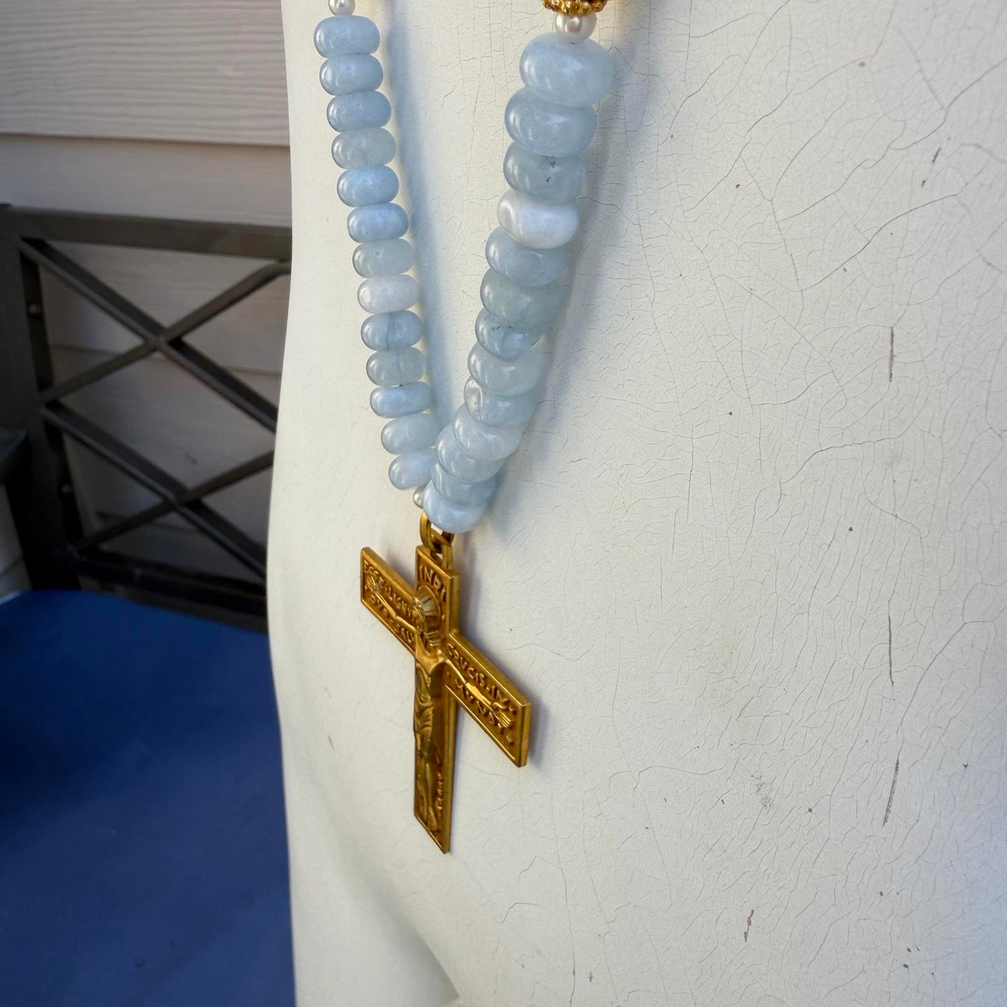 Art Deco French Gilded Crucifix. Aquamarine Freshwater Pearl Necklace.