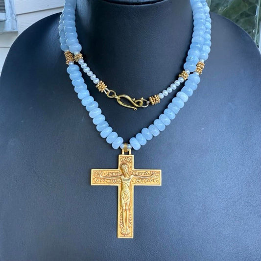 Art Deco French Gilded Crucifix. Aquamarine Freshwater Pearl Necklace.