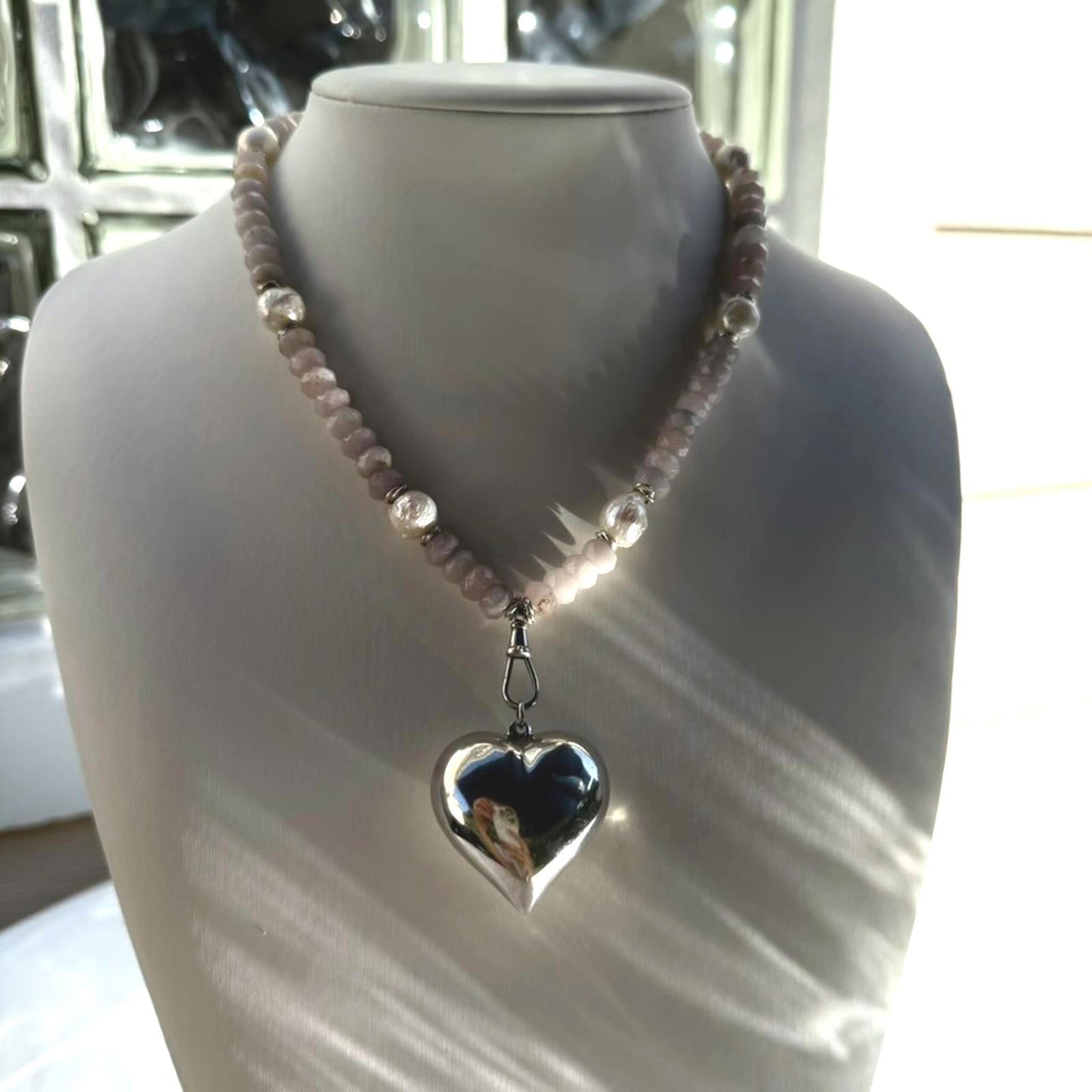 Vintage Sterling Silver Puffy Heart Necklace with Rose Quartz & Baroque Pearls.