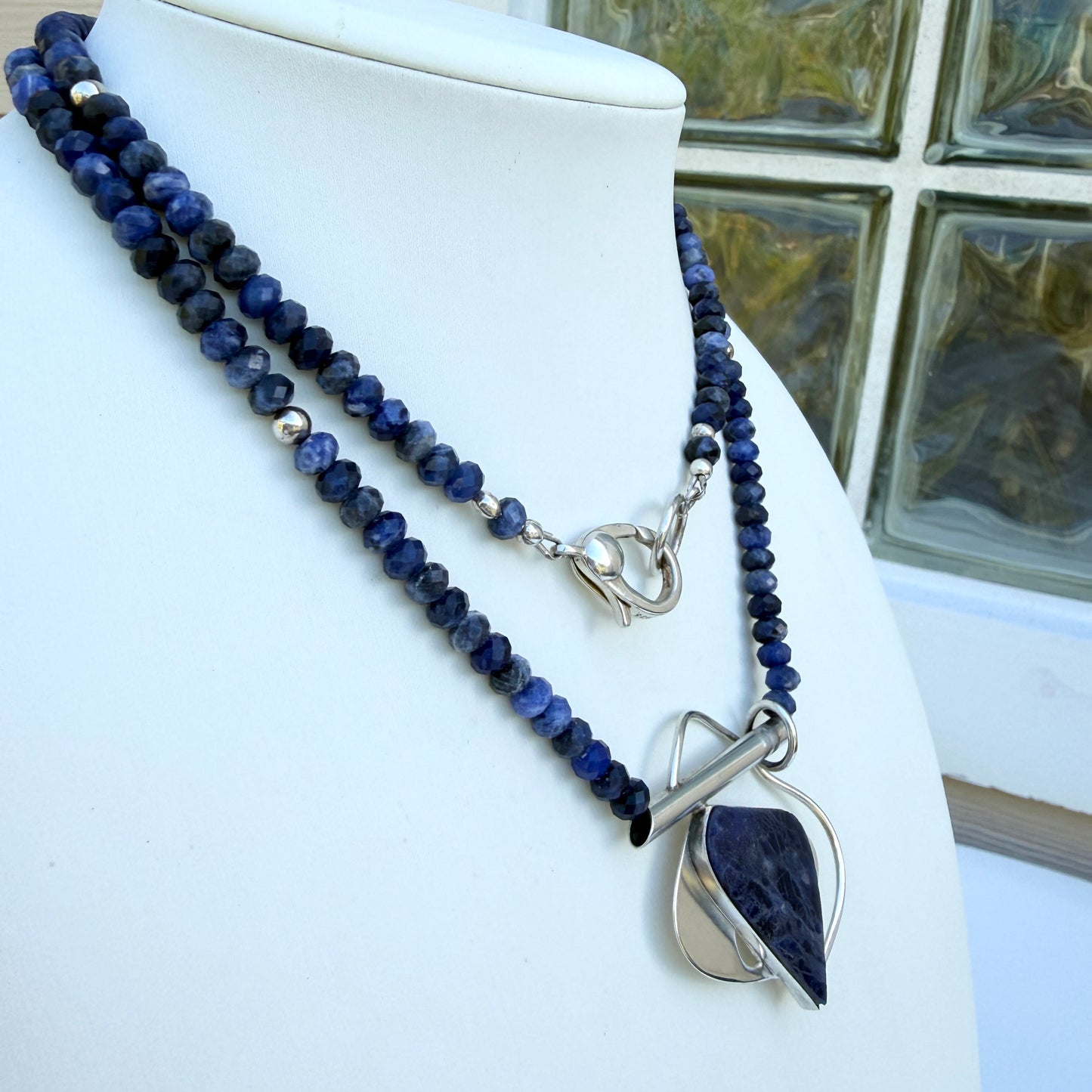 Contemporary. Sodalite. Cabochon. Sterling Silver Pendant. Faceted Blue Sodalite Beads. Long Necklace. Can be Doubled. Modern.OOAK