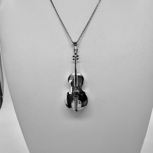 Vintage Sterling Silver Violin Pendant On Sterling Silver chain Necklace.