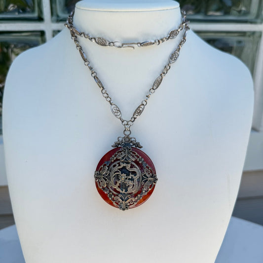 Vintage Carnelian Dragon Pendant Necklace. Long Sterling Silver Chain Necklace.