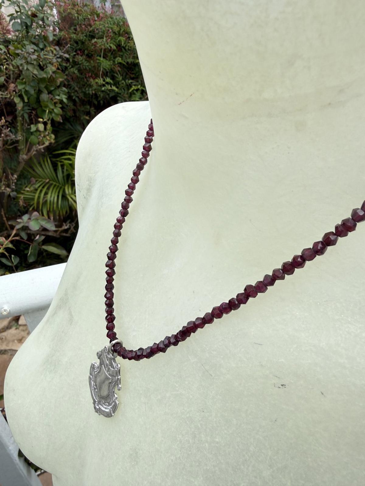 Handmade Garnet Necklace with Vintage Sterling Silver Shield Pendant.