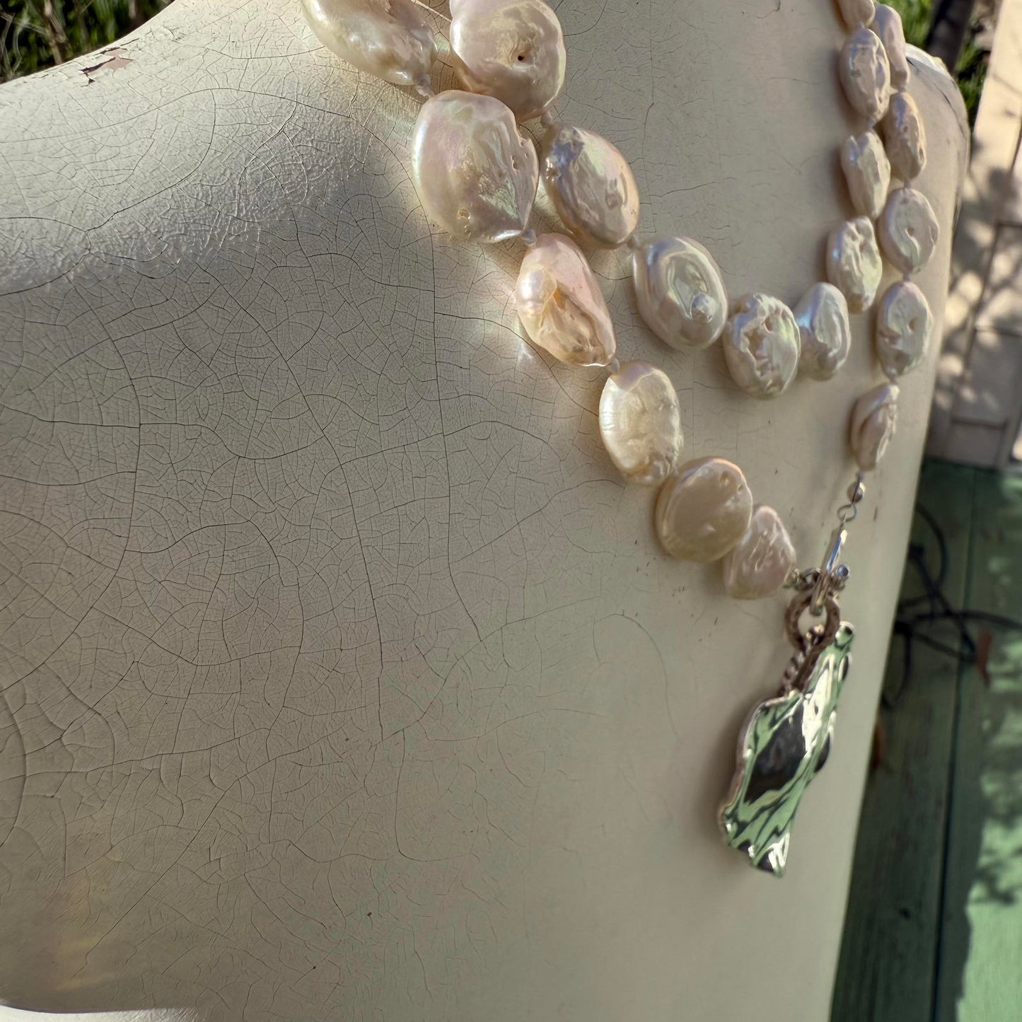 Hand-Knotted Freshwater Coin Pearl Necklace with Vintage Silver Heart.