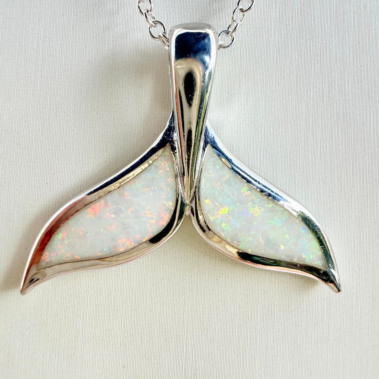 Whale Tail Pendant Sterling Silver with Opal Inlay | Ocean Necklace