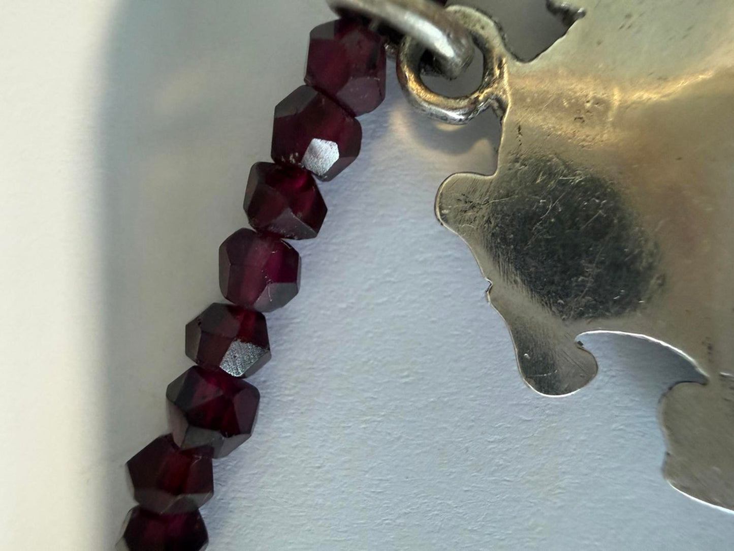 Handmade Garnet Necklace with Vintage Sterling Silver Shield Pendant.