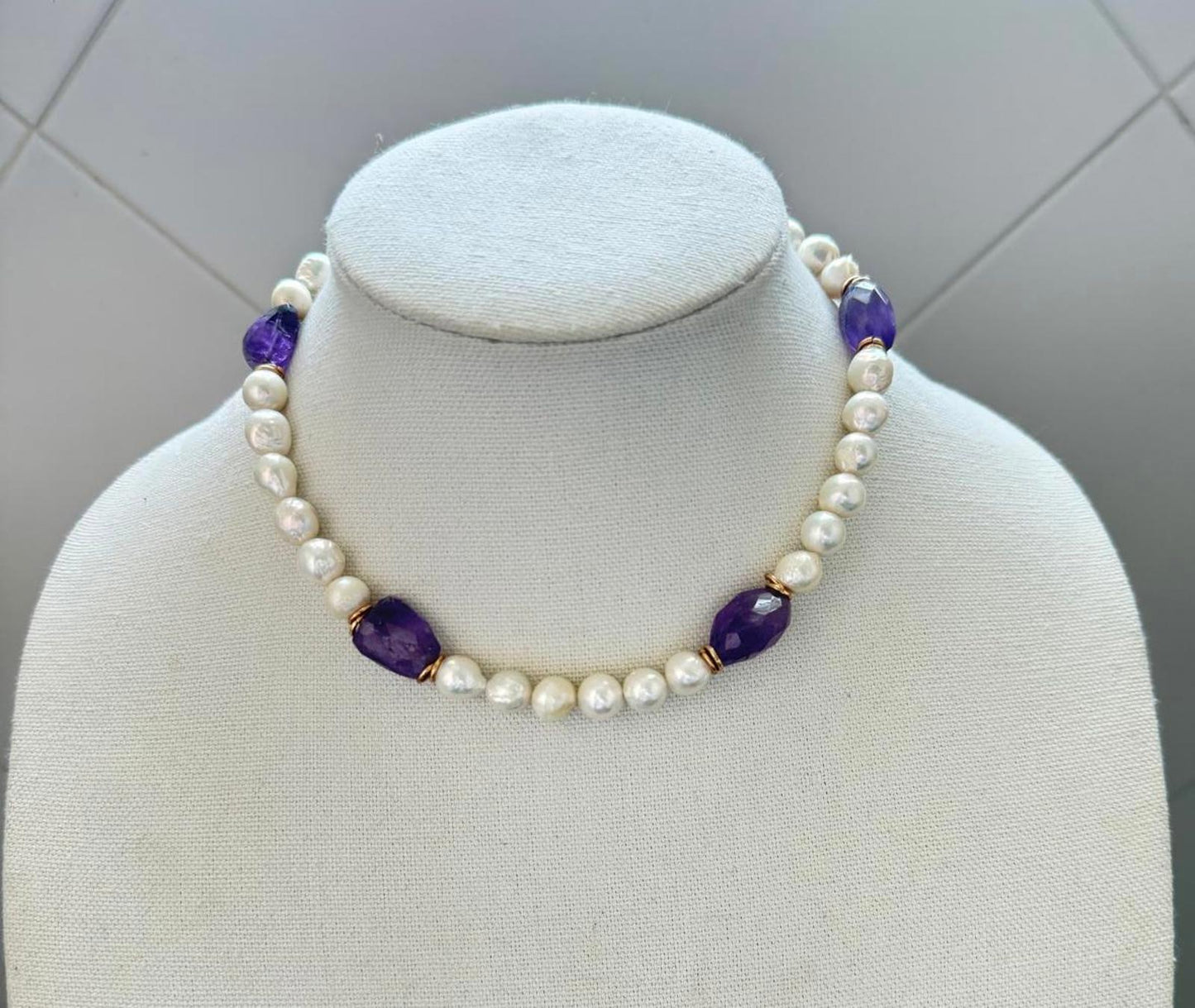 Amethyst Baroque Pearl Necklace with Gold-Tone Accents. Handmade.