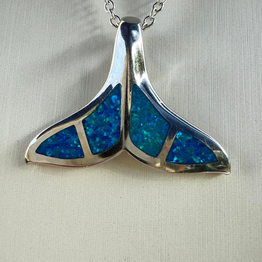 Whale Tail Opal Inlay Pendant in Sterling Silver with Pavé Halo