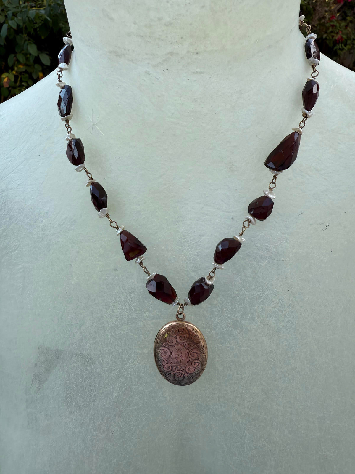Vintage Locket. Garnet Nuggets Freshwater Pearl Necklace.