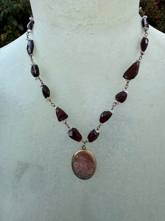 Vintage Locket. Garnet Nuggets Freshwater Pearl Necklace.