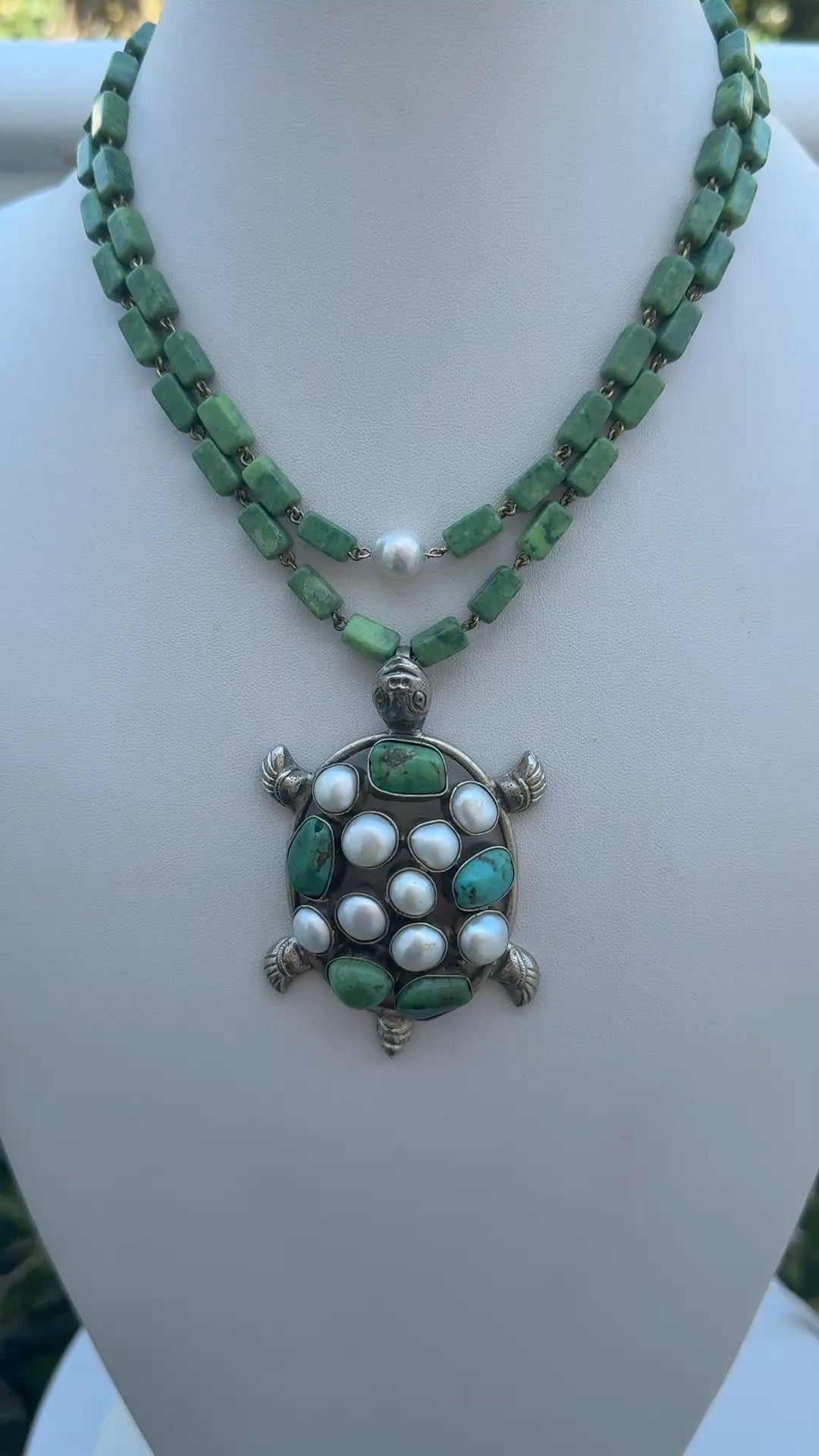 Green Turquoise  Pearl Turtle Pendant | Pearl & Nephrite Jade Necklace.
