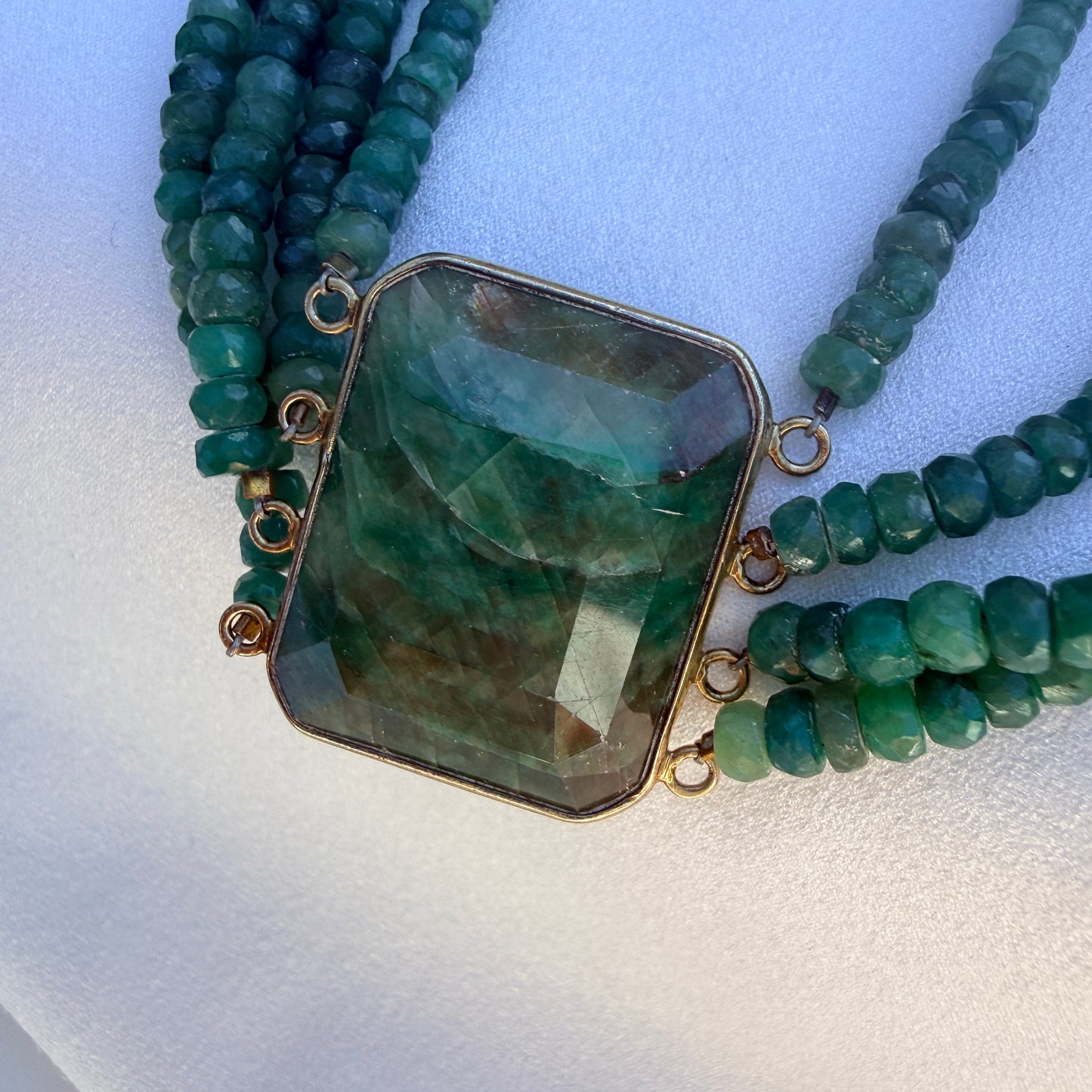 Vintage. Emerald Green Agate Cabochon. Set in Sterling Silver With A Gold Finish. Four strands of green agate.