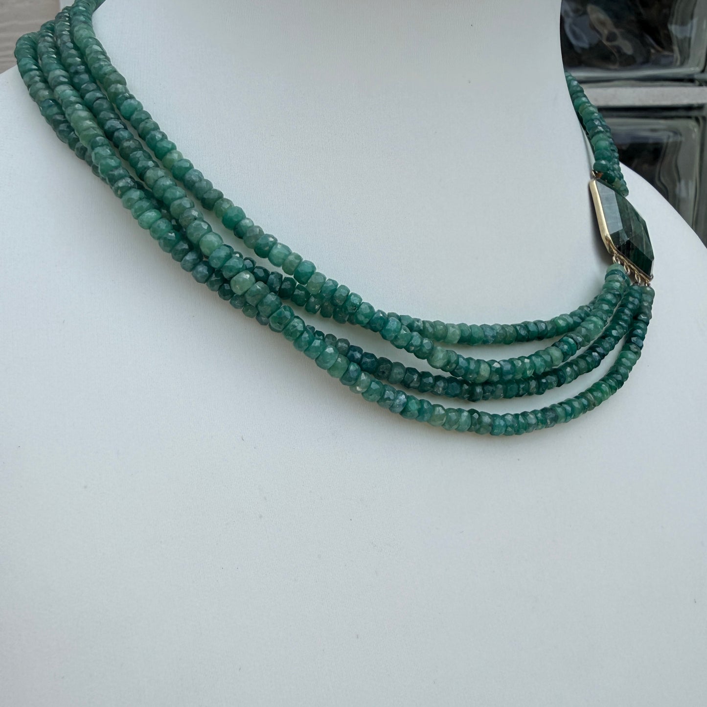 Vintage. Emerald Green Agate Cabochon. Set in Sterling Silver With A Gold Finish. Four strands of green agate.