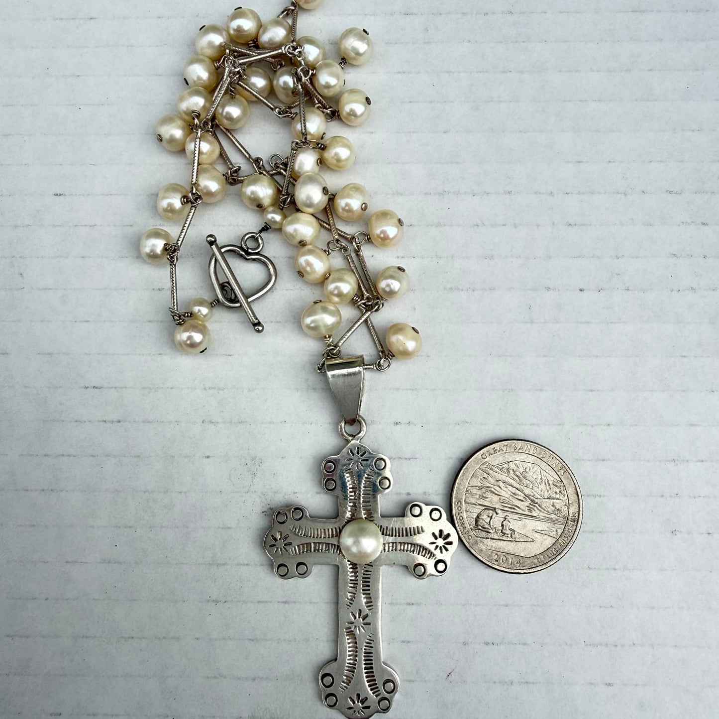 Vintage Sterling Silver Cross Necklace with Pearl Center Pendant.
