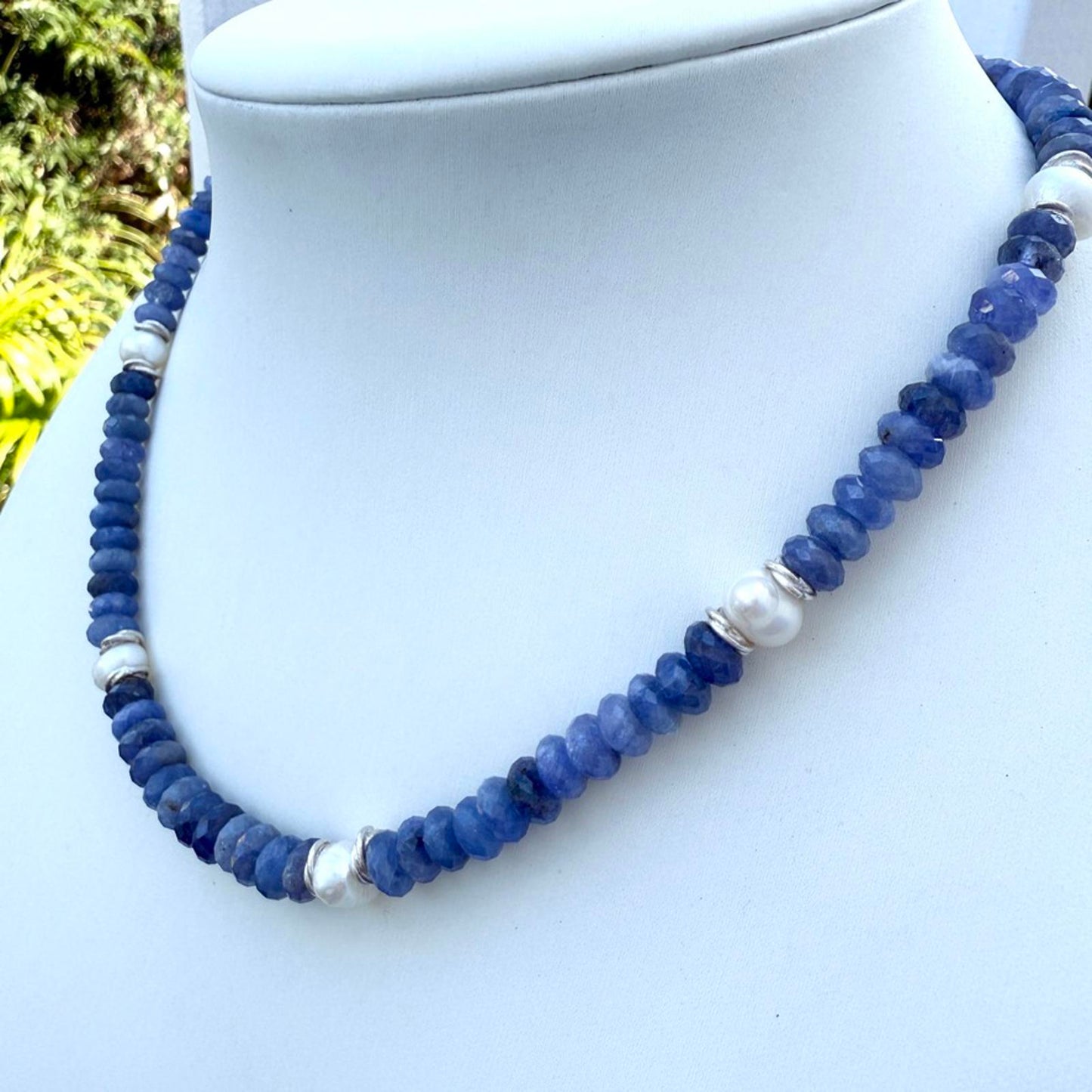 Tanzanite and baroque pearl necklace with sterling silver accents, handmade.