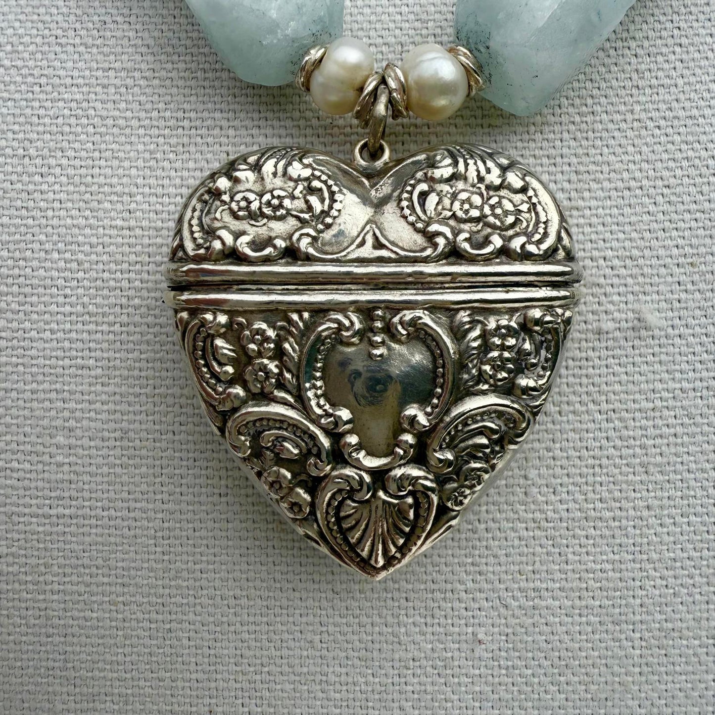Vintage Sterling Silver Heart Locket Necklace. Aquamarine  Ruby Pearl Necklace.