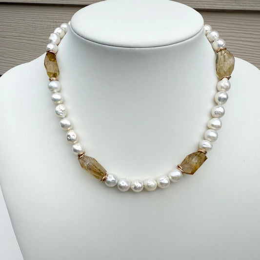 Citrine Pearl Necklace. Handmade Freshwater Pearl Necklace.