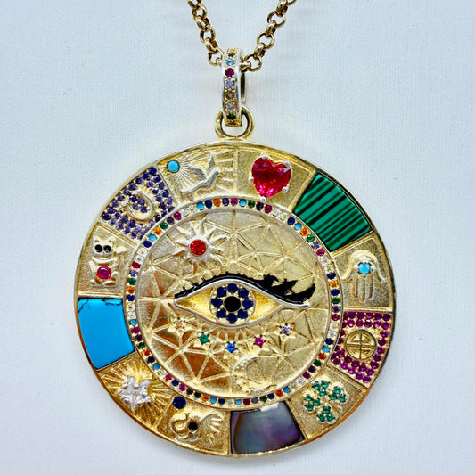 Protection Amulet Sterling Silver Multi Symbol Talisman Pendant.