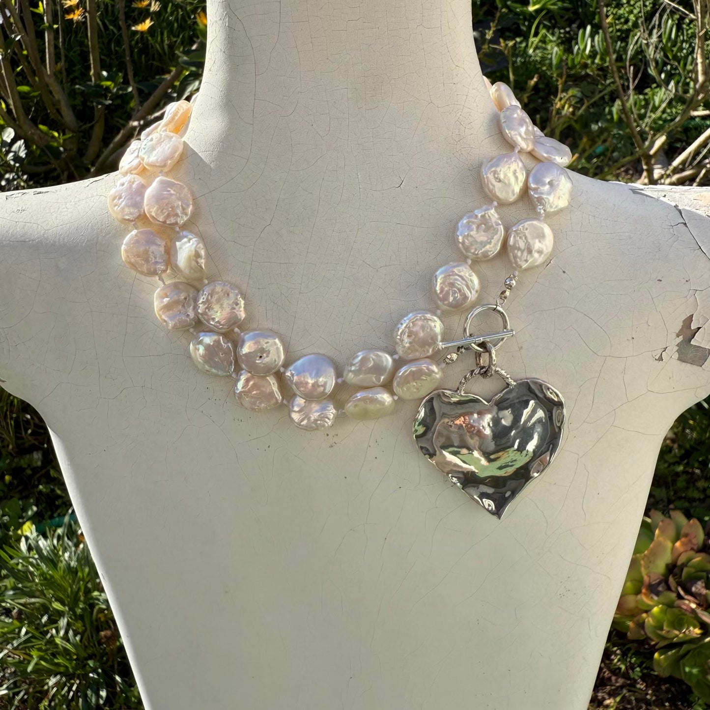 Hand-Knotted Freshwater Coin Pearl Necklace with Vintage Silver Heart.