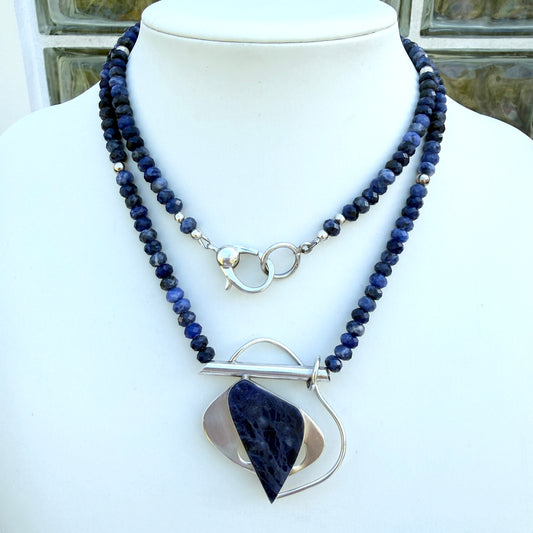 Contemporary. Sodalite. Cabochon. Sterling Silver Pendant. Faceted Blue Sodalite Beads. Long Necklace. Can be Doubled. Modern.OOAK