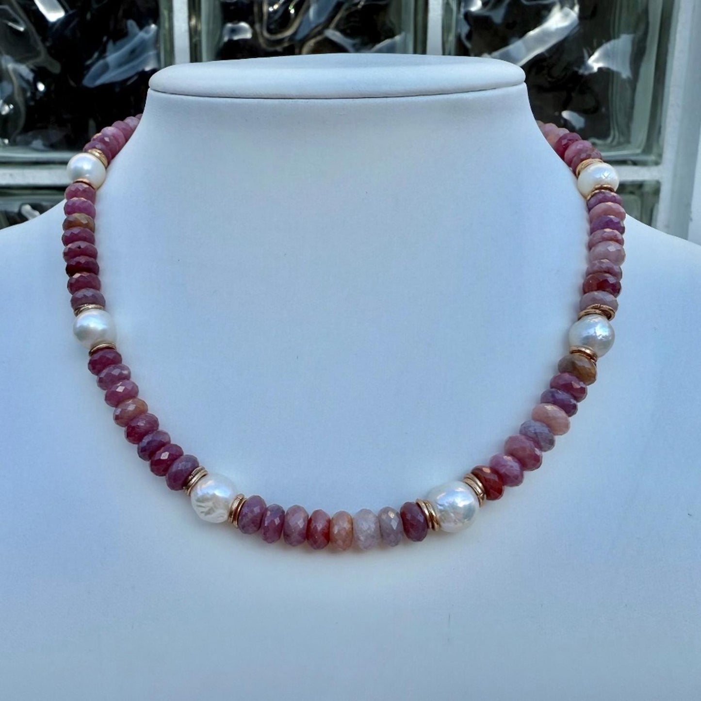 Ruby Necklace. Fresh Water Pearl Necklace. Gold Fill Lobster Clasp.