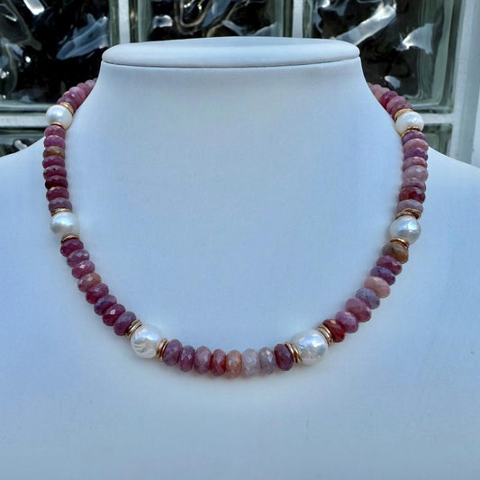 Ruby Necklace. Fresh Water Pearl Necklace. Gold Fill Lobster Clasp.