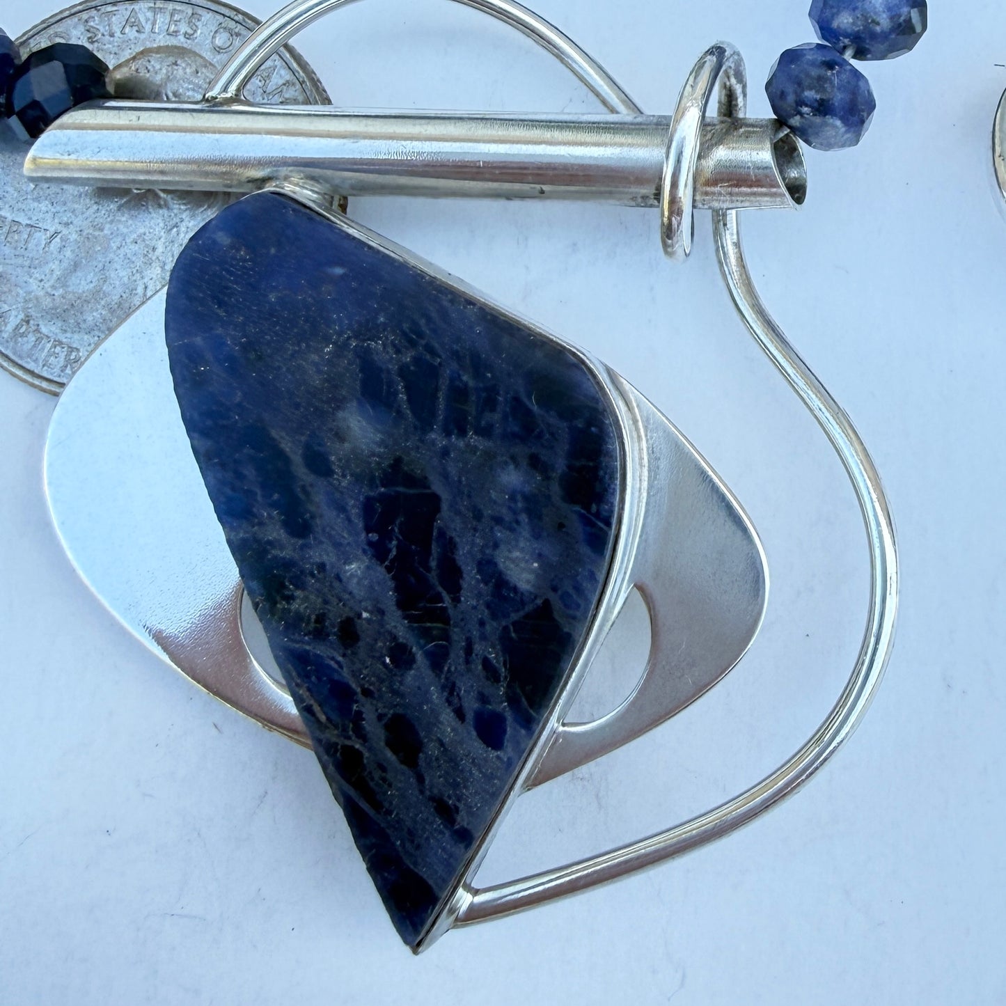 Contemporary. Sodalite. Cabochon. Sterling Silver Pendant. Faceted Blue Sodalite Beads. Long Necklace. Can be Doubled. Modern.OOAK