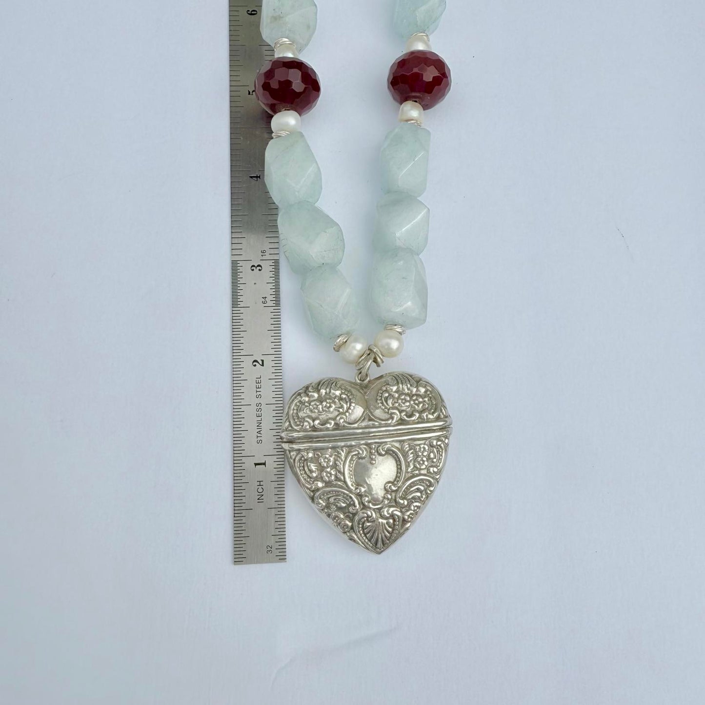 Vintage Sterling Silver Heart Locket Necklace. Aquamarine  Ruby Pearl Necklace.
