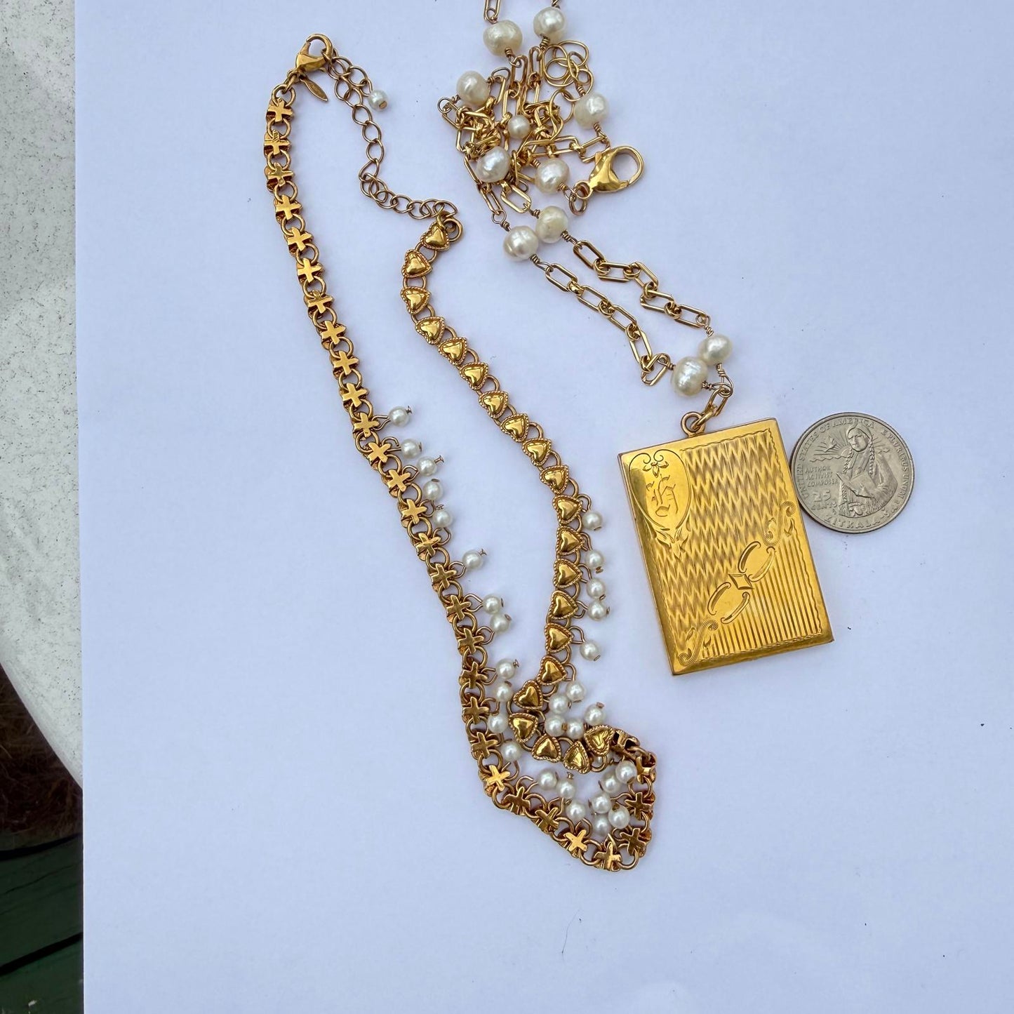 Antique Art Deco Four Photo Gold Fill Locket Necklace with Pearl Chains.