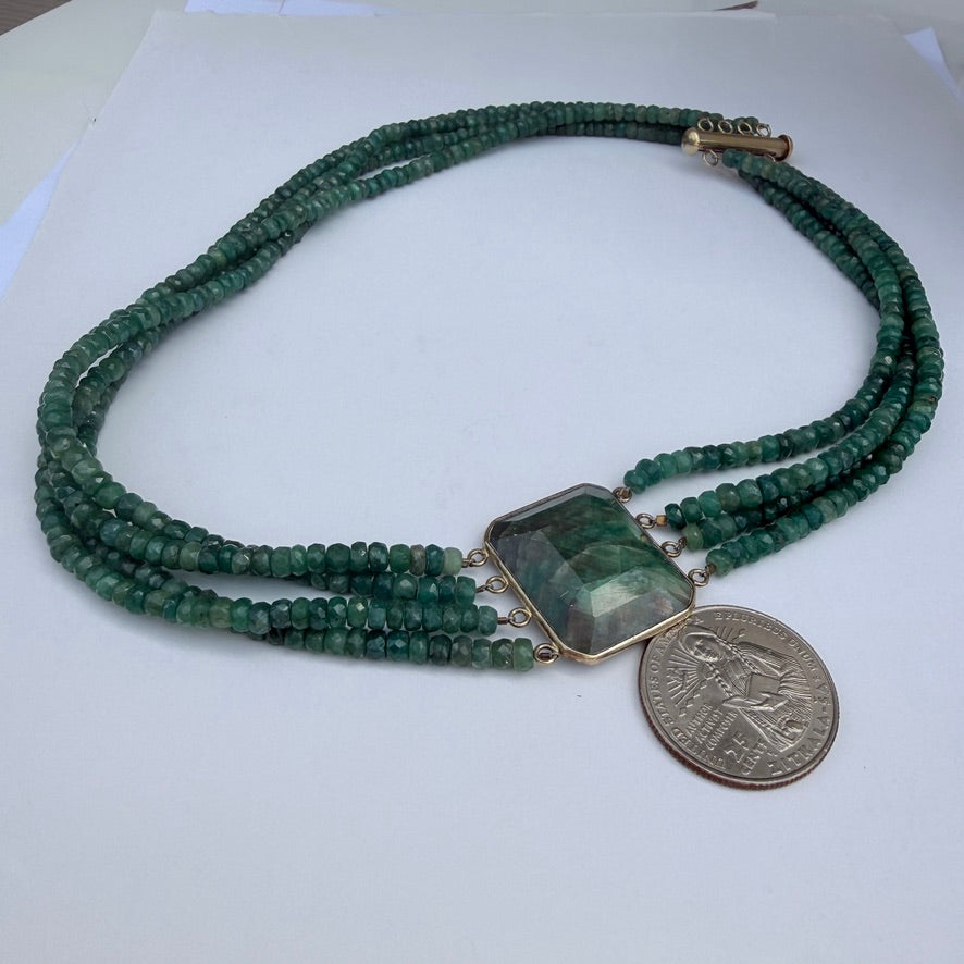 Vintage. Emerald Green Agate Cabochon. Set in Sterling Silver With A Gold Finish. Four strands of green agate.