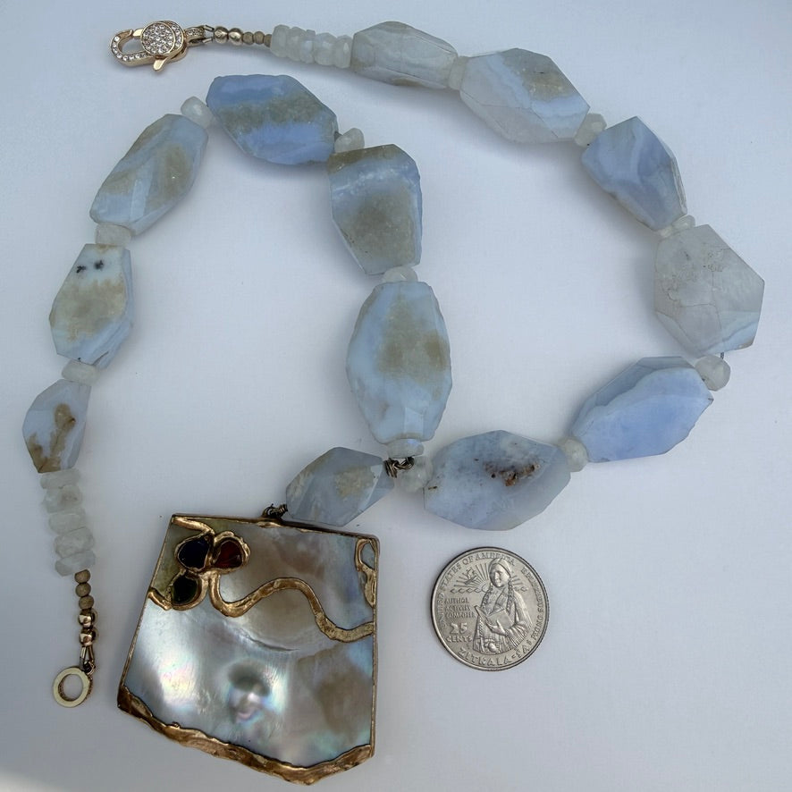 Blue Lace Agate Nugget Necklace. Shell Pendant Necklace Nucleated Pearl.