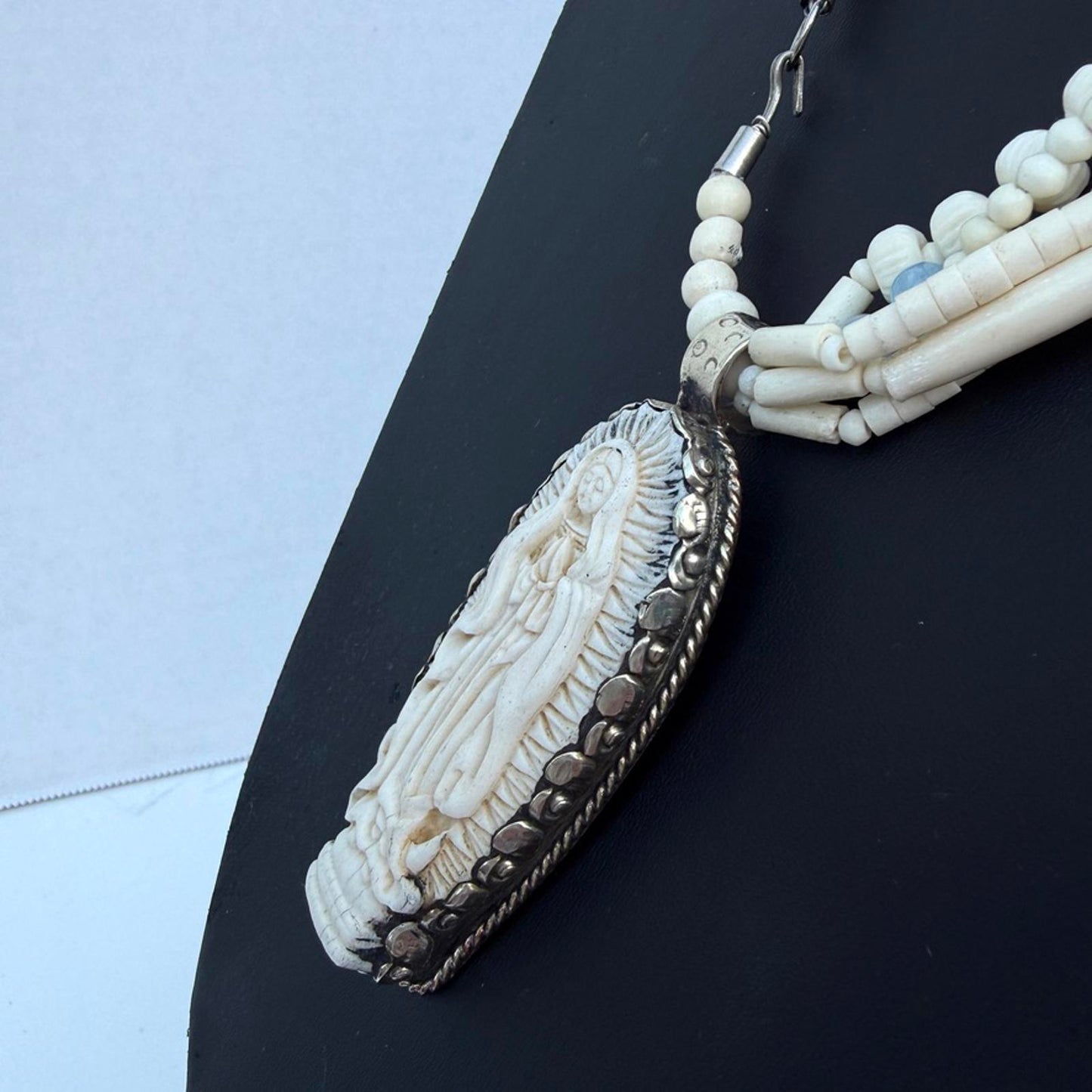 Virgin Mary Carved Bone Pendant on Vintage Multi-Strand Bone Necklace