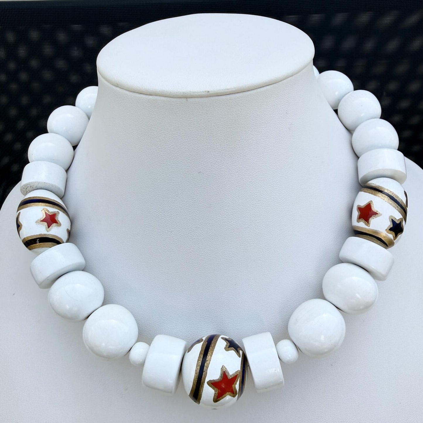 Handmade Patriotic Wood Bead Necklace July 4th Red White Blue Statement Necklace
