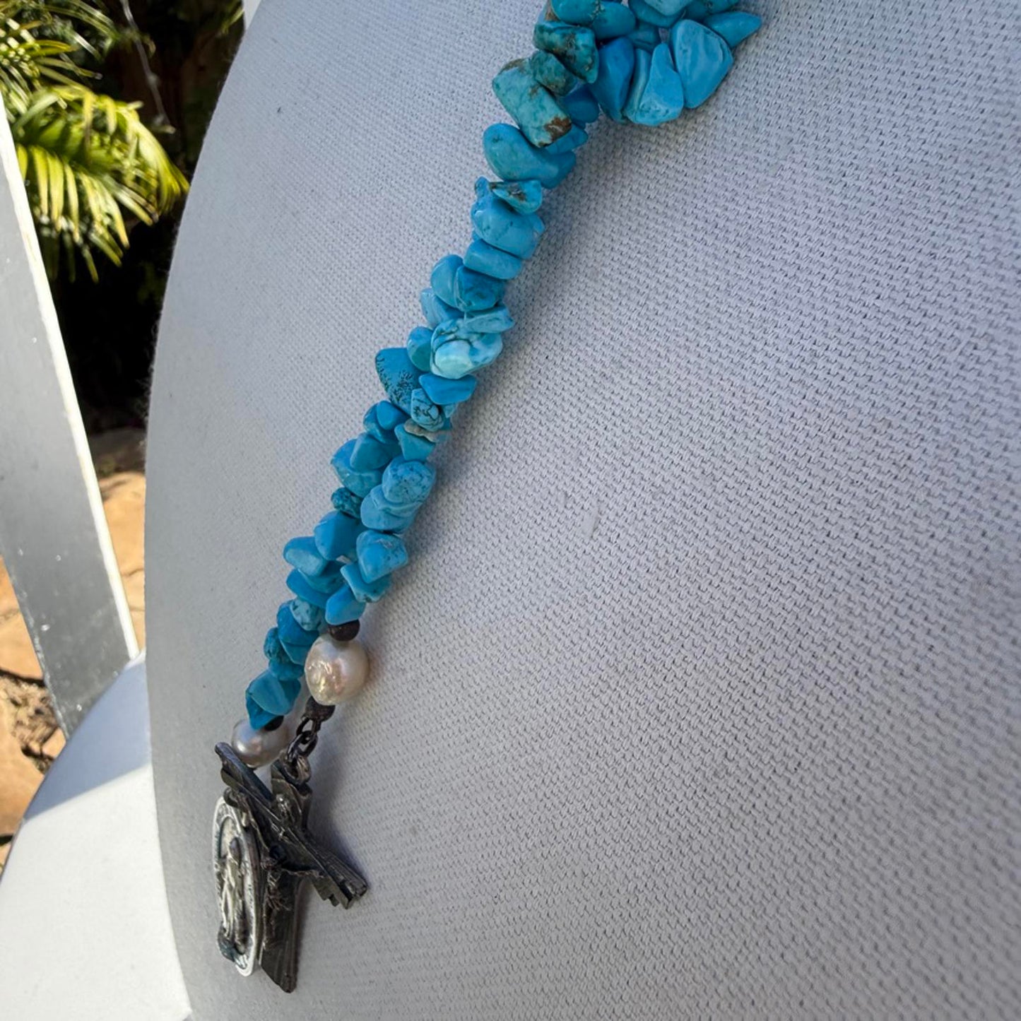 Turquoise/Howlite Lariat Necklace. Pearls. Vintage Religious Pendant Necklace.