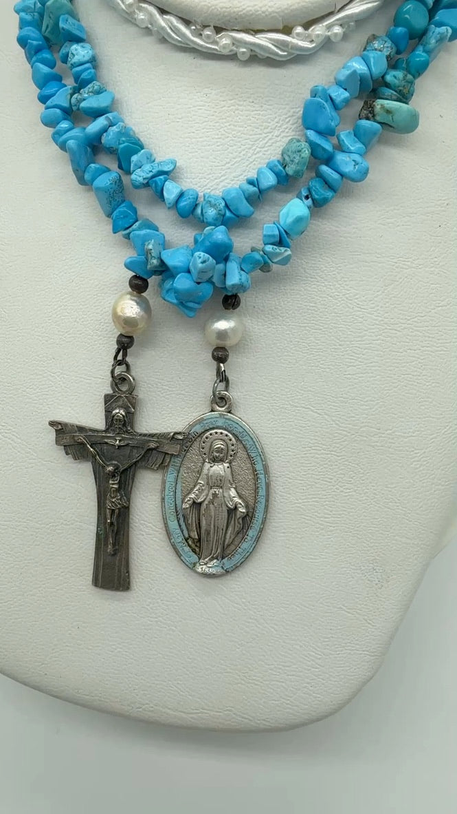 Turquoise/Howlite Lariat Necklace. Pearls. Vintage Religious Pendant Necklace.