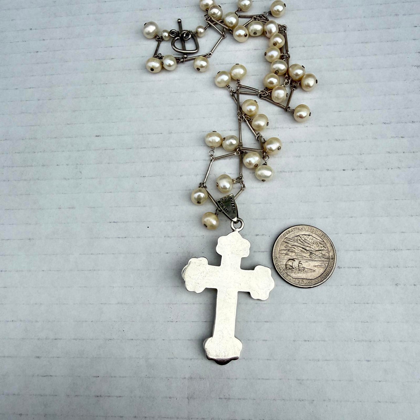 Vintage Sterling Silver Cross Necklace with Pearl Center Pendant.
