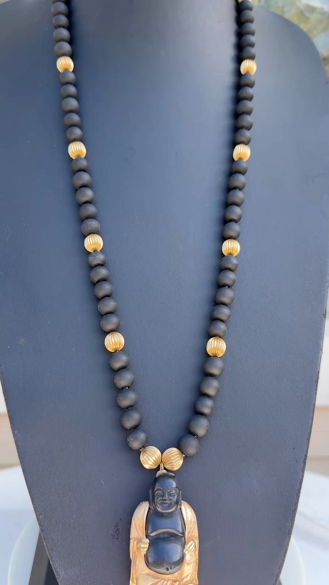 Buddha Necklace. Black with Gold Accent Beads. Mala Style Necklace. Vintage.
