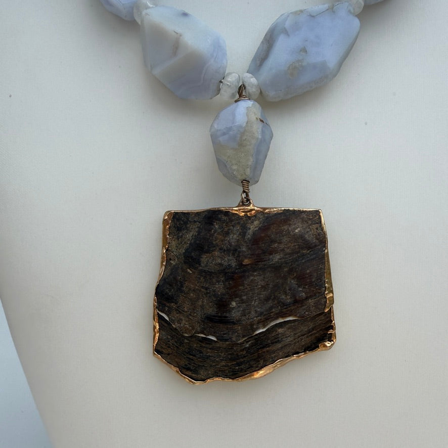 Blue Lace Agate Nugget Necklace. Shell Pendant Necklace Nucleated Pearl.