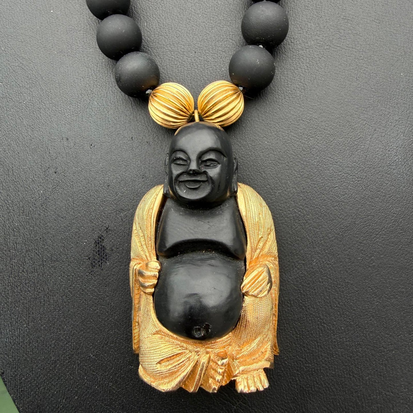Buddha Necklace. Black with Gold Accent Beads. Mala Style Necklace. Vintage.