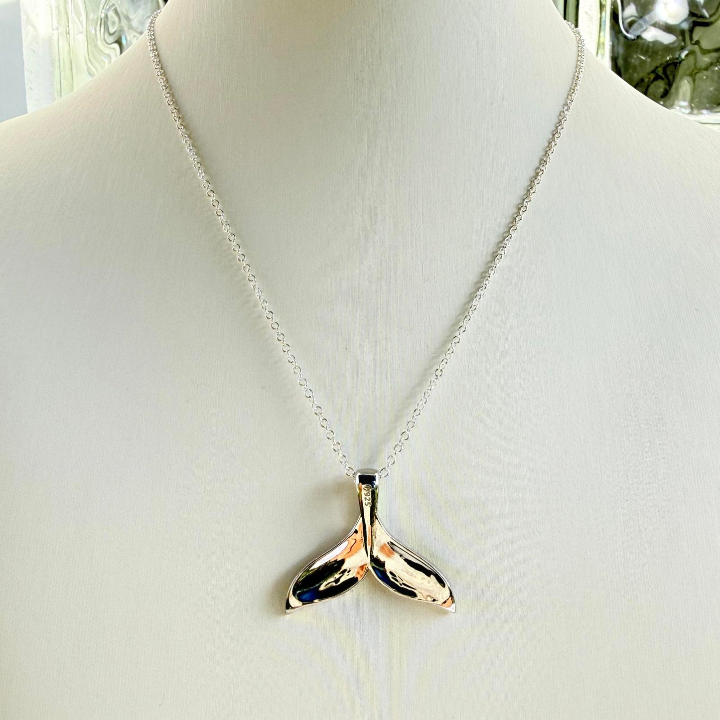 Whale Tail Pendant Sterling Silver with Opal Inlay | Ocean Necklace