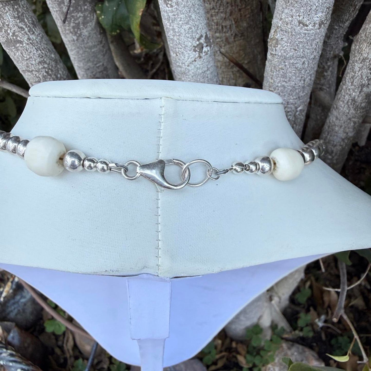 Graduated Silver Navajo Pearl Necklace. Bone Cross Pendant Southwestern Jewelry.