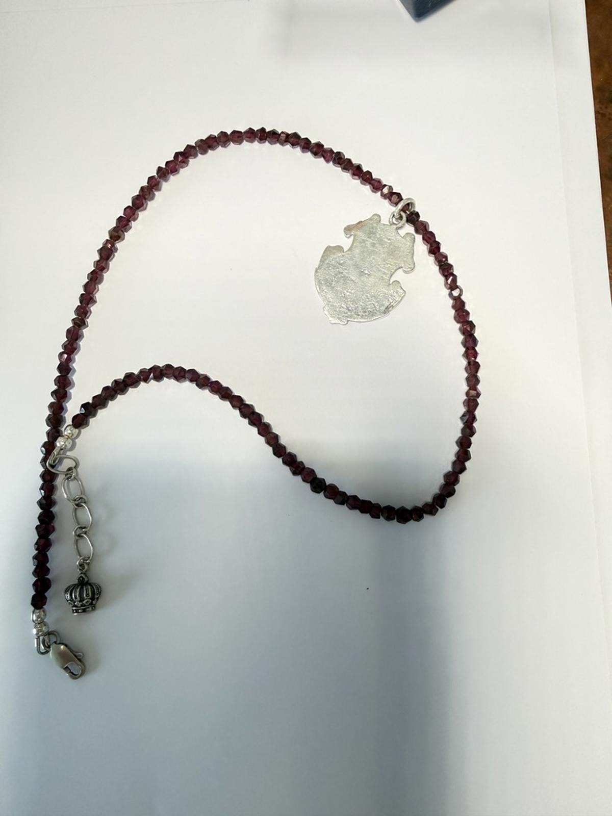 Handmade Garnet Necklace with Vintage Sterling Silver Shield Pendant.