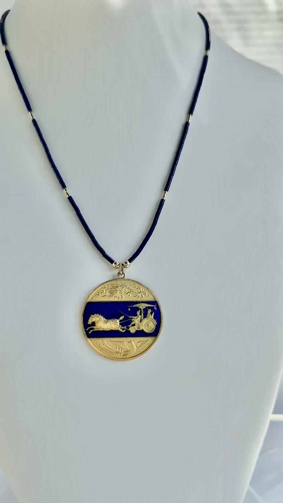Vintage Chinese Blue Cloisonne Medallion Pendant  Blue Necklace.