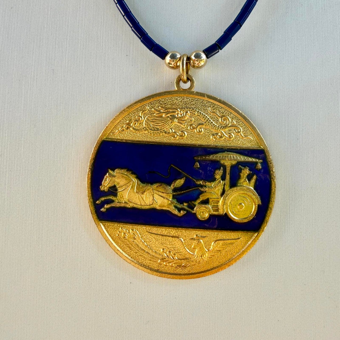 Vintage Chinese Blue Cloisonne Medallion Pendant  Blue Necklace.