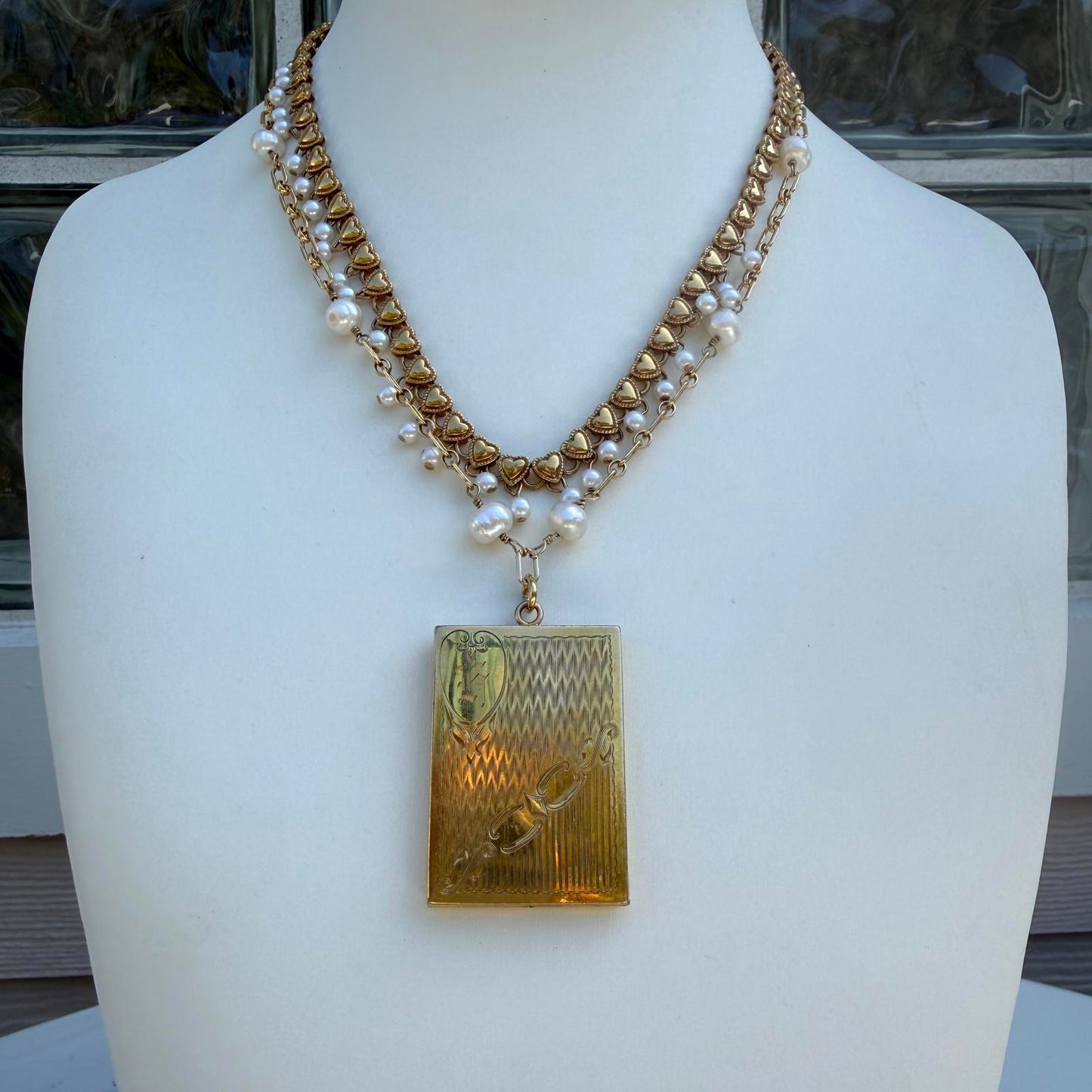 Antique Art Deco Four Photo Gold Fill Locket Necklace with Pearl Chains.