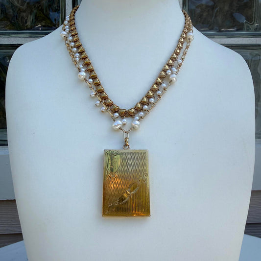 Antique Art Deco Four Photo Gold Fill Locket Necklace with Pearl Chains.